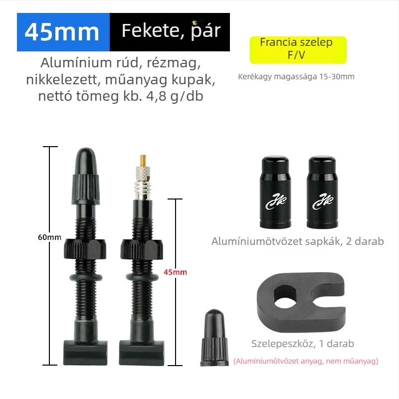 Integrált négyzetes alapú tubeless kerékpáros szelep, FV francia stílus, alumíniumötvözet, hossz 45/60/80 mm
