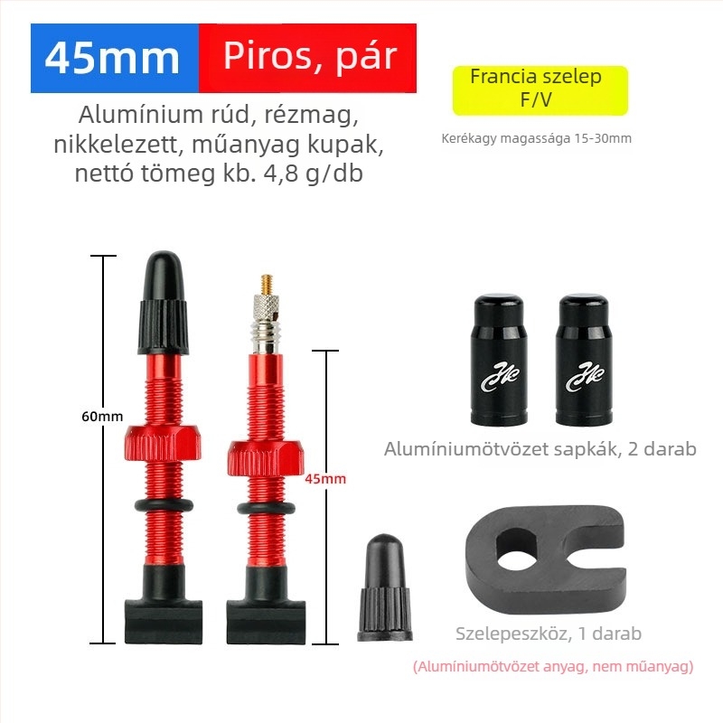 Integrált négyzetes alapú tubeless kerékpáros szelep, FV francia stílus, alumíniumötvözet, hossz 45/60/80 mm