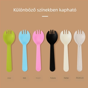 Egyszer használatos, vastagított műanyag kanál desszertkanállal és kis torta villával, egyedi csomagolásban