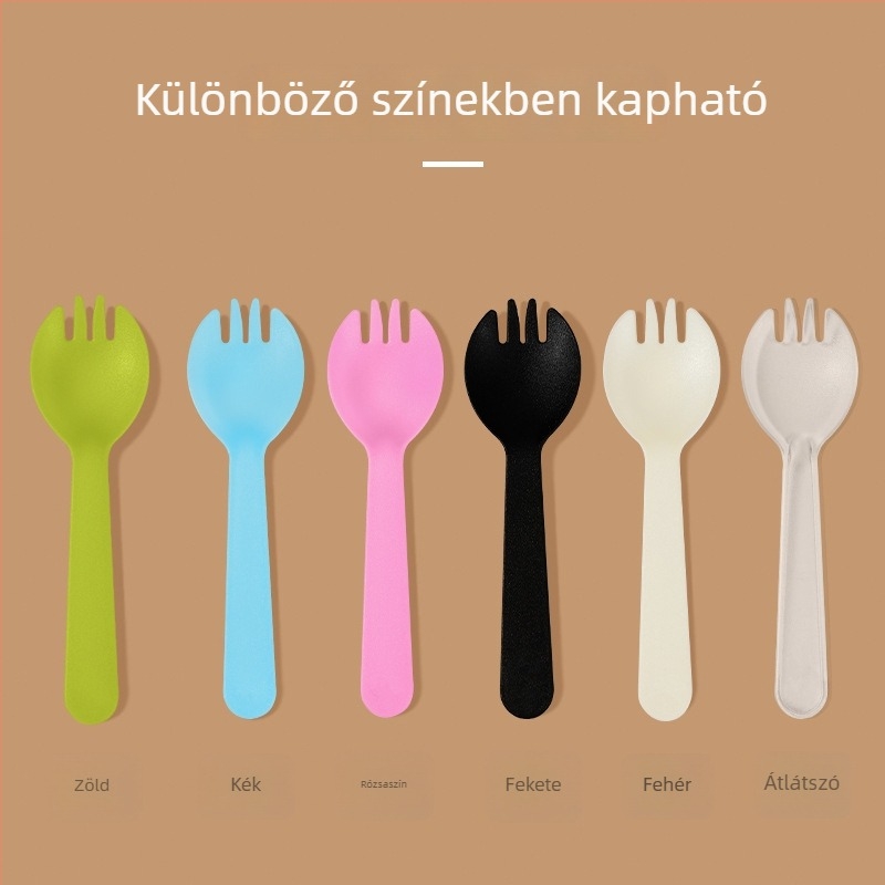 Egyszer használatos, vastagított műanyag kanál desszertkanállal és kis torta villával, egyedi csomagolásban