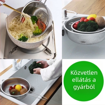 Vastagított rozsdamentes acél szűrő- és merőkanál készlet: sültkosár, tészta merőkanál, forró fazék kanál, finom hálós szűrő az olajmaradékokhoz