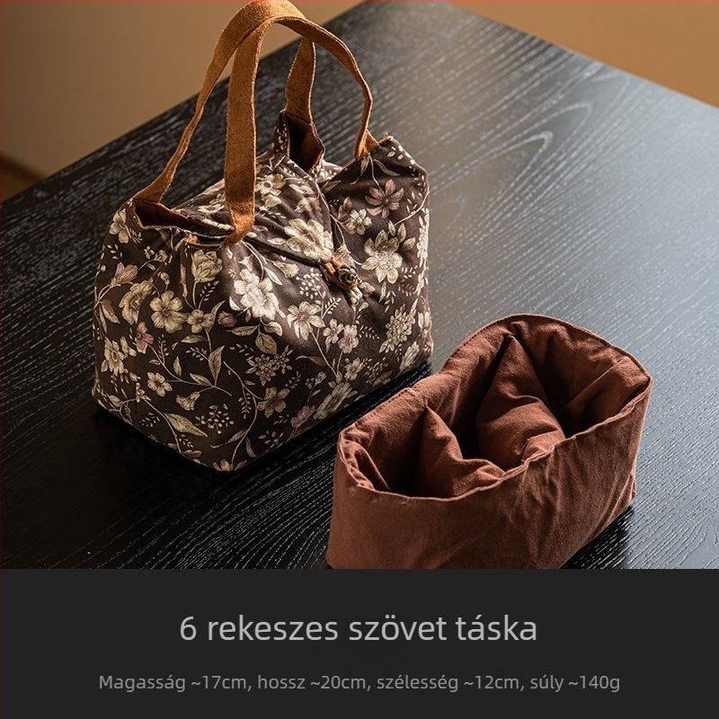 Virágos mintás, kétoldalas utazó teáskészlet-tároló táska, hordozható retro teaceremónia készlet teáskannával, teáscsészével és teafilterekkel