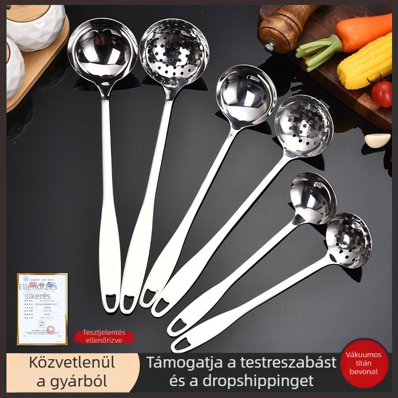 Rozsdamentes acél hosszú nyeletű leveskanálok, fazékkanálok, éttermi készlet, nagy lapos farok sorozat