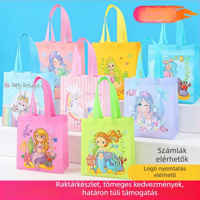 Rajzfilm-motivumos nem szövött tote – egyedi születésnapi édesség ajándéktáska laminált felülettel