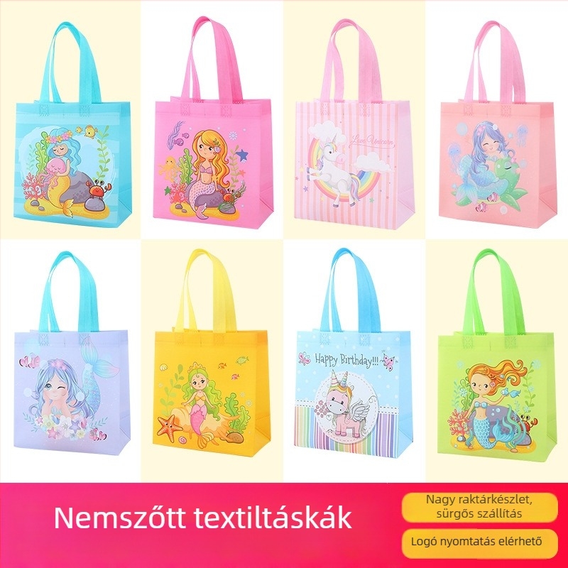 Rajzfilm-motivumos nem szövött tote – egyedi születésnapi édesség ajándéktáska laminált felülettel