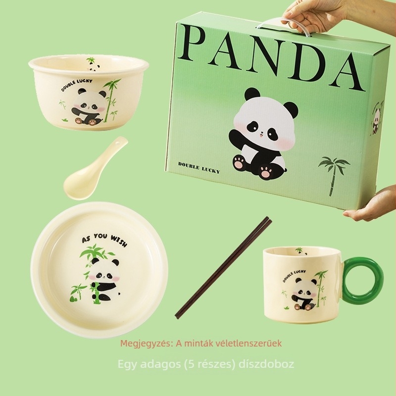 Porcelán étkészlet panda mintával – aranyos stílus, tálak, tányérok és evőpálcák otthoni használatra