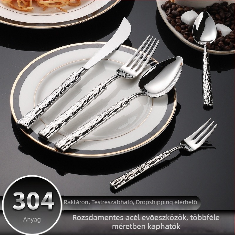 304 rozsdamentes acél evőeszköz készlet reljefes kőmintás mintázattal; villa, kés és kanál; amerikai stílusú steak kés