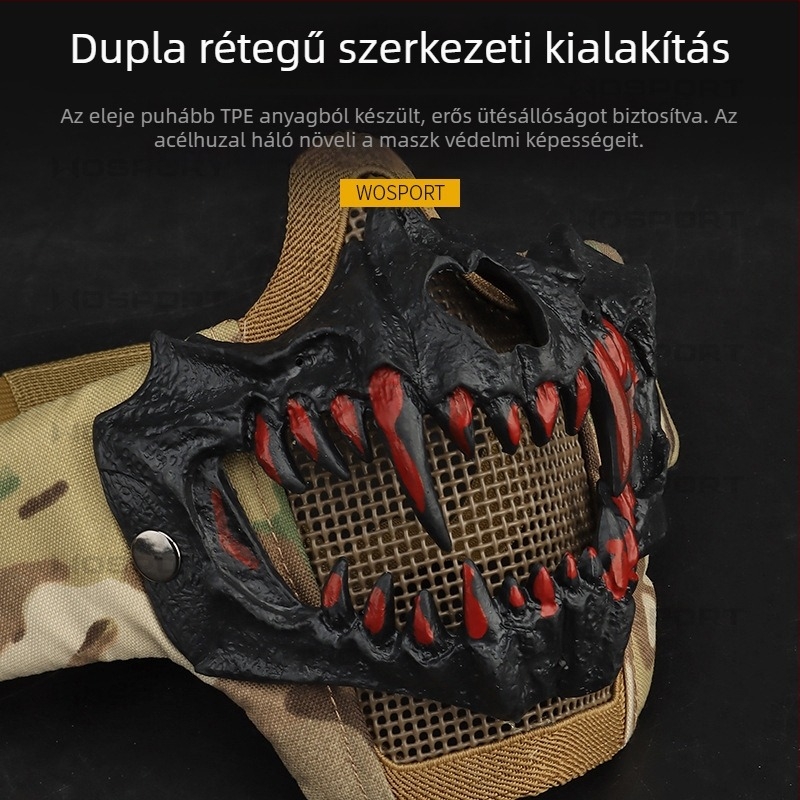 WOSPORT Korszerű farkasfog maszk CS védelemhez kerékpározáshoz – taktikai dupla rétegű acéldrót maszk