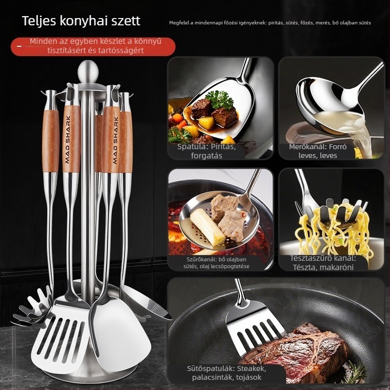 Rosewood fogantyúval ellátott rozsdamentes acél kanál- és spatula készlet, szűrőkanállal és konyhai tartóval