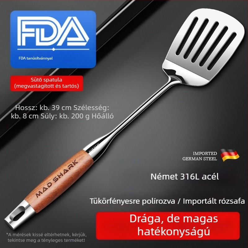 Rosewood fogantyúval ellátott rozsdamentes acél kanál- és spatula készlet, szűrőkanállal és konyhai tartóval