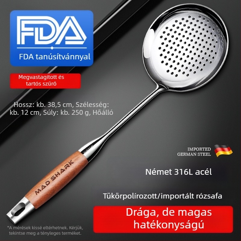 Rosewood fogantyúval ellátott rozsdamentes acél kanál- és spatula készlet, szűrőkanállal és konyhai tartóval