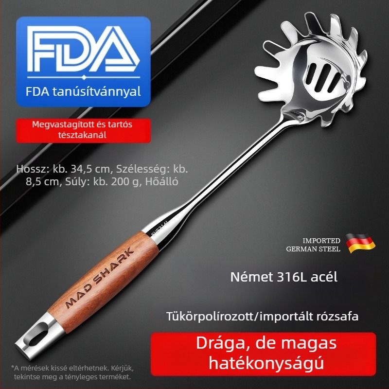 Rosewood fogantyúval ellátott rozsdamentes acél kanál- és spatula készlet, szűrőkanállal és konyhai tartóval