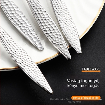 304 rozsdamentes acélból készült nyugati étkészlet platina felülettel és willow-leaf mintázattal; steak kés, villa, kanál, desszert villa és desszert kanál