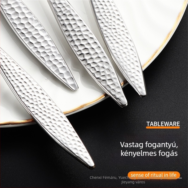 304 rozsdamentes acélból készült nyugati étkészlet platina felülettel és willow-leaf mintázattal; steak kés, villa, kanál, desszert villa és desszert kanál