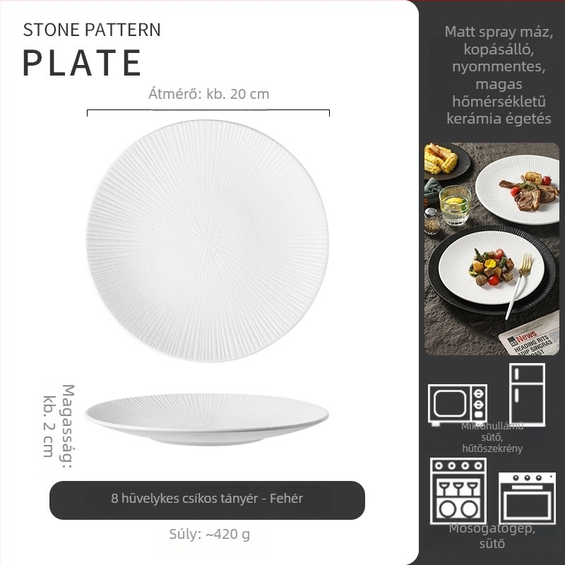 Kőmintás porcelán étkezőtányér, kör alakú sík tál tészta és ételek számára, egyszínű minimalista stílus, mikrohullámú sütőben használható, átmérő 18–18,9 cm, steak-tányér