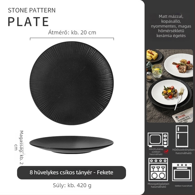 Kőmintás porcelán étkezőtányér, kör alakú sík tál tészta és ételek számára, egyszínű minimalista stílus, mikrohullámú sütőben használható, átmérő 18–18,9 cm, steak-tányér