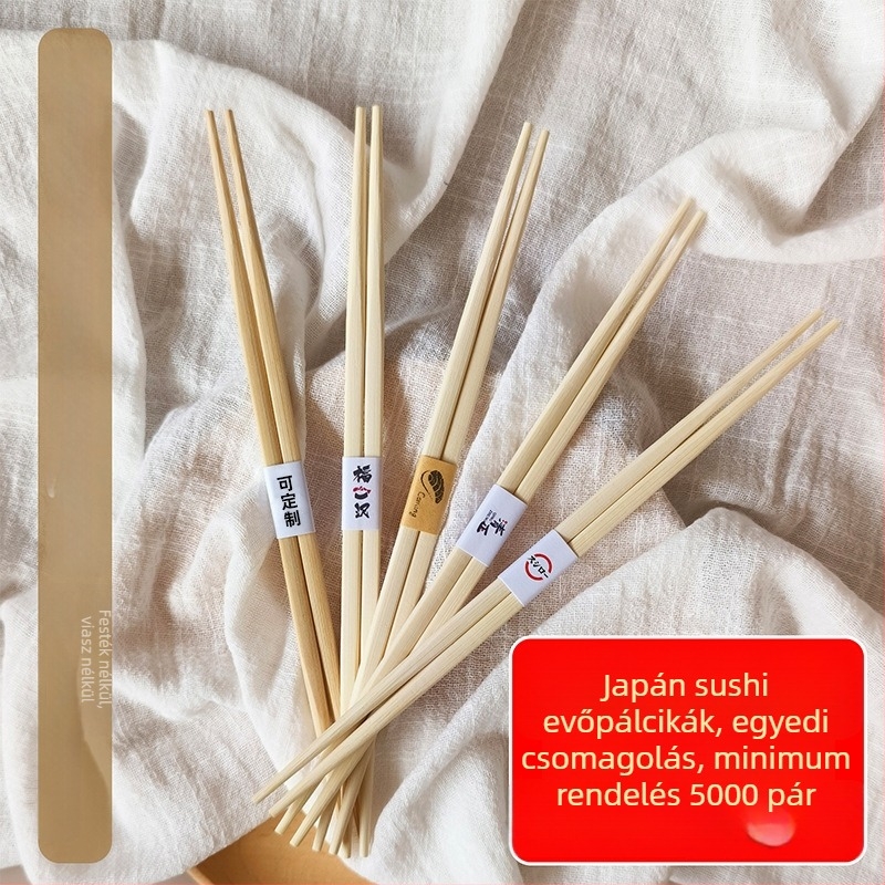 Egyszer használatos bambusz evőpálcikák, japán stílusú, dupla- és egyes végű véggel, egyenként csomagolva.