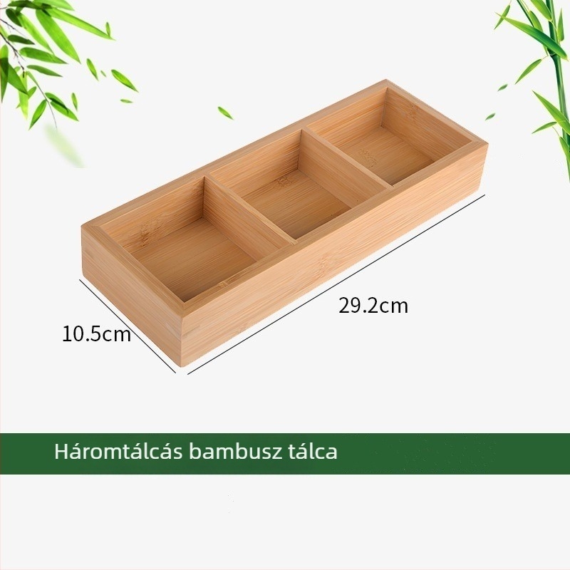 Fából készült gyümölcs- és nassoló tál rekeszekkel és bambusz fogantyúval