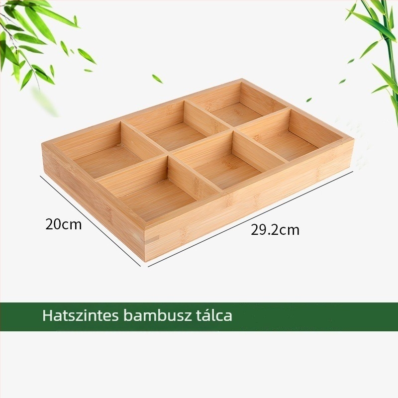 Fából készült gyümölcs- és nassoló tál rekeszekkel és bambusz fogantyúval