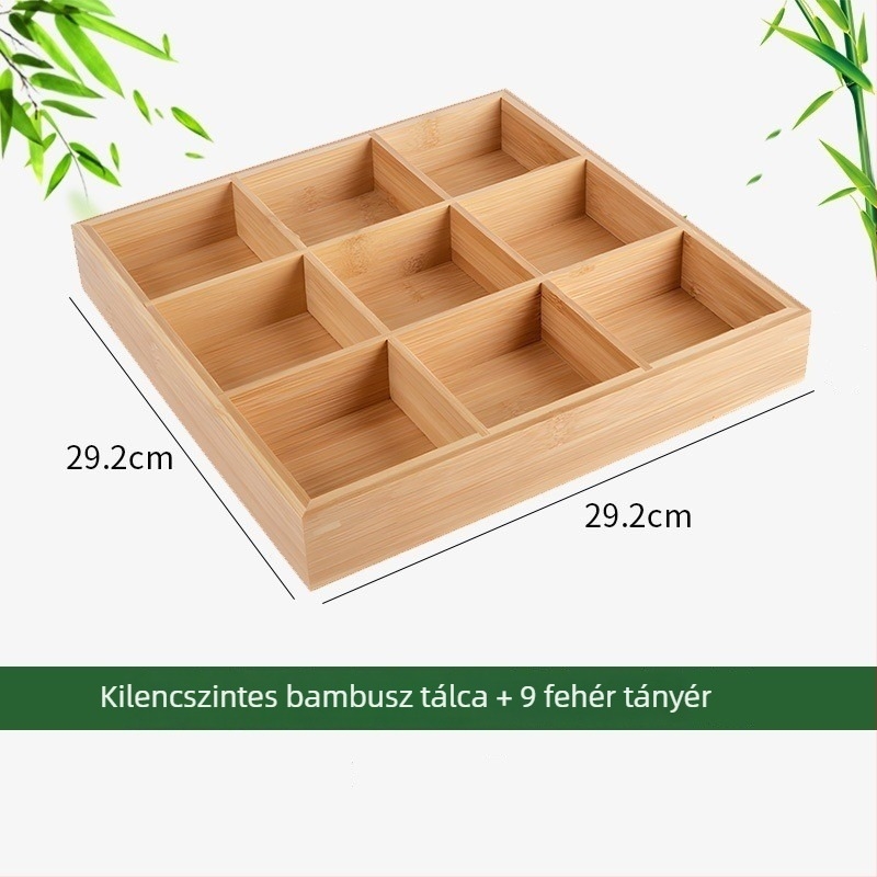 Fából készült gyümölcs- és nassoló tál rekeszekkel és bambusz fogantyúval