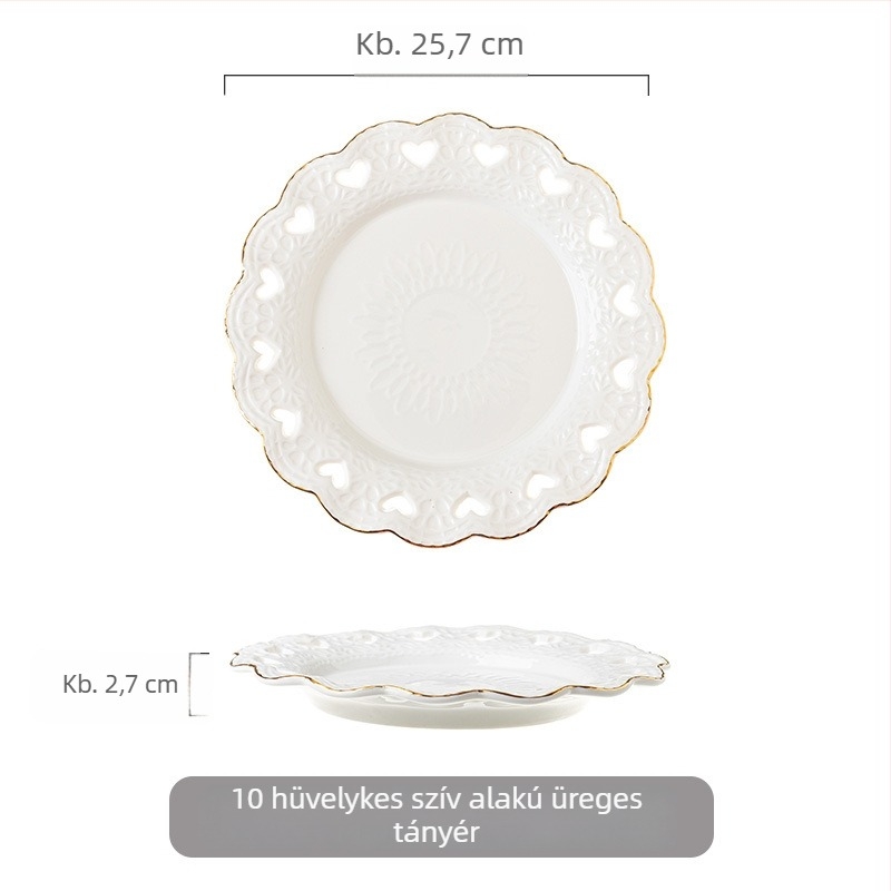Európai stílusú domborított porcelán tál aranyszegéllyel, kör alakú főételekhez és desszerthez