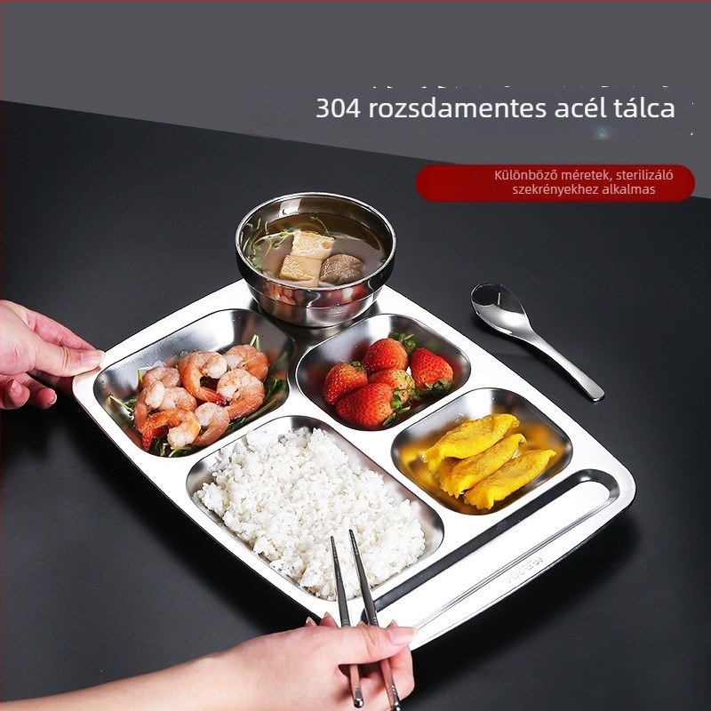 Élelmiszer-minőségű 304 rozsdamentes acél négyszögletes tál osztott rekeszekkel, felnőtteknek, 18–19 cm