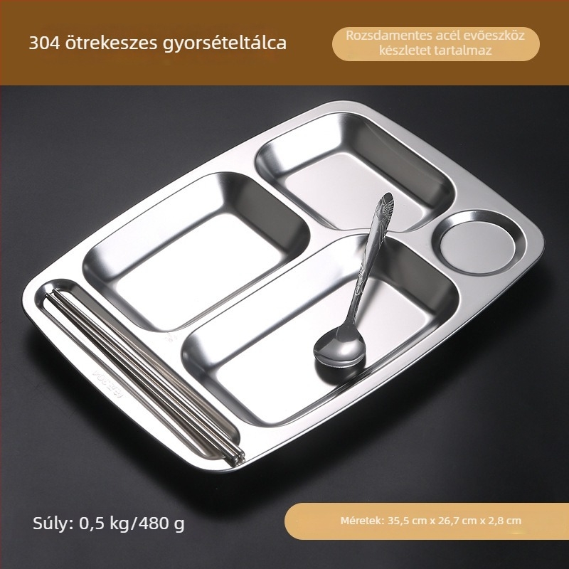 Élelmiszer-minőségű 304 rozsdamentes acél négyszögletes tál osztott rekeszekkel, felnőtteknek, 18–19 cm