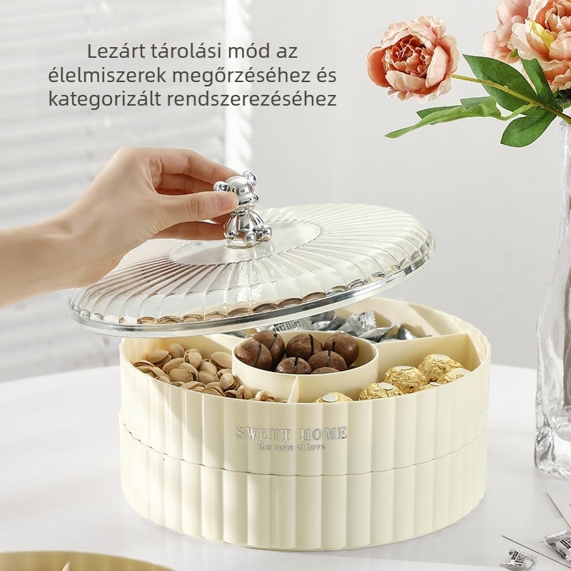 Krém színű prémium két szintes gyümölcstál fedővel, nappalira való, rekeszekkel