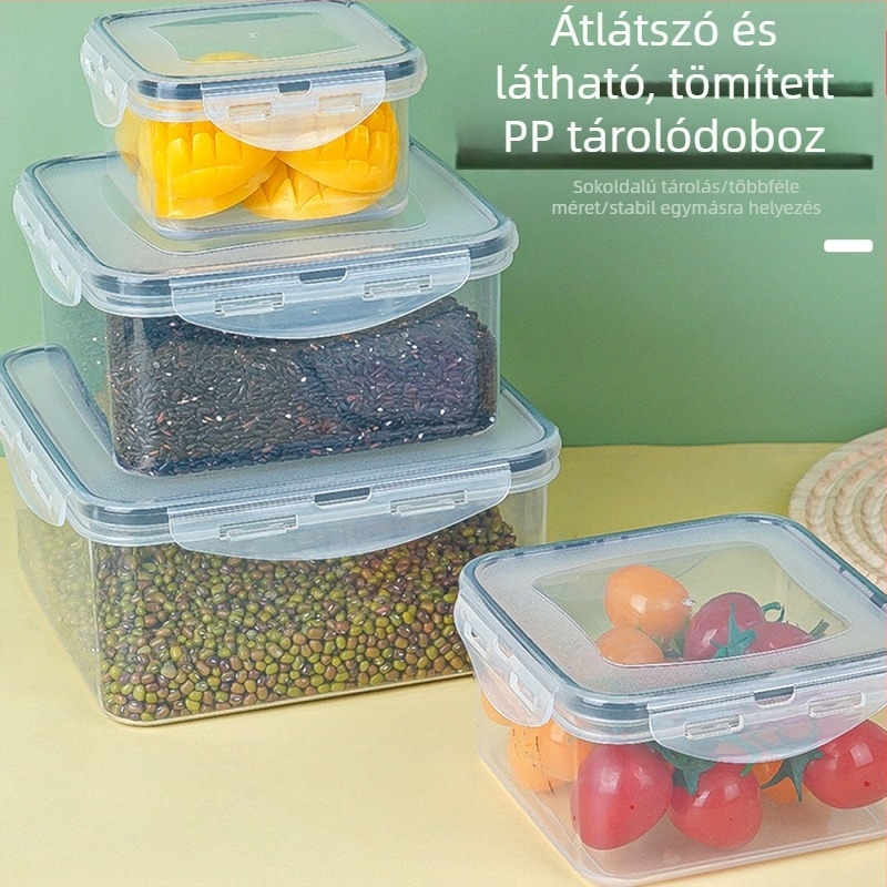 Átlátszó négyzet alakú ebédes doboz, mikrohullámú sütő-kompatibilis, élelmiszer-minőségű frissen tartó konténer konyhához és piknikhez.