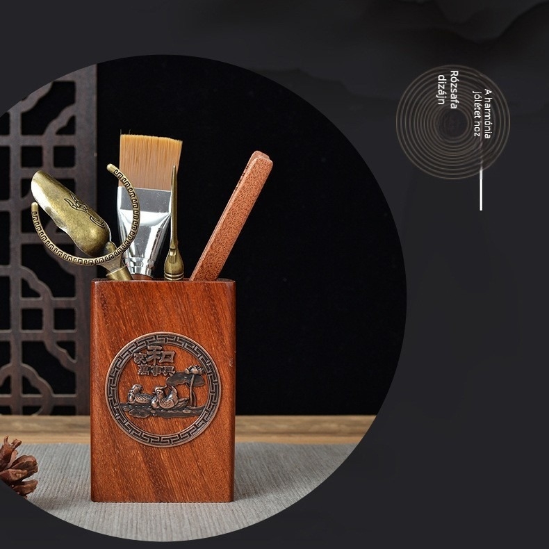 Hat úriemberes tea ceremóniás készlet ebonfa és Huali tömörfából, otthoni Kung Fu tea kellékek, tartalmaz teakefe, teáskést és teacsipeszt, asztali dekor.