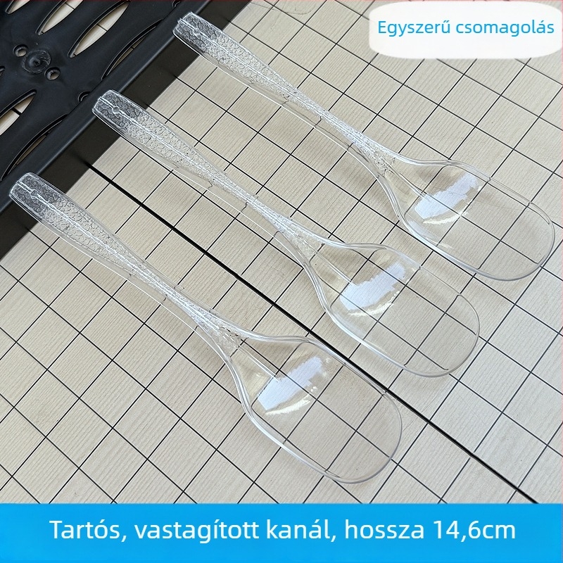 Egyszer használatos műanyag kanál, egyenként csomagolt, desszertekhez, levesekhez és kásához; kacsa csőr formájú fej