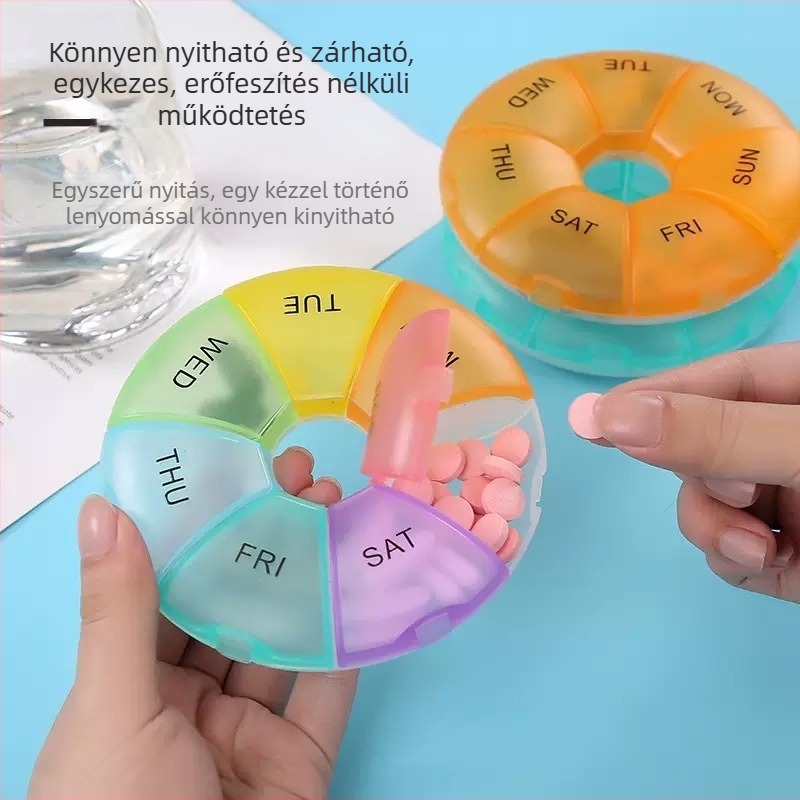 Színes hét napos gyógyszeres doboz, nagy kapacitású, hordozható nedvességálló műanyag doboz osztott rekeszekkel