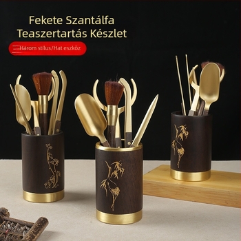 Ebonyfa teaceremónia hat darabos készlet tiszta réz és sárgaréz kiegészítőkkel, tartalmaz teás klipszet, kést és teáskanna-karbantartó tollat