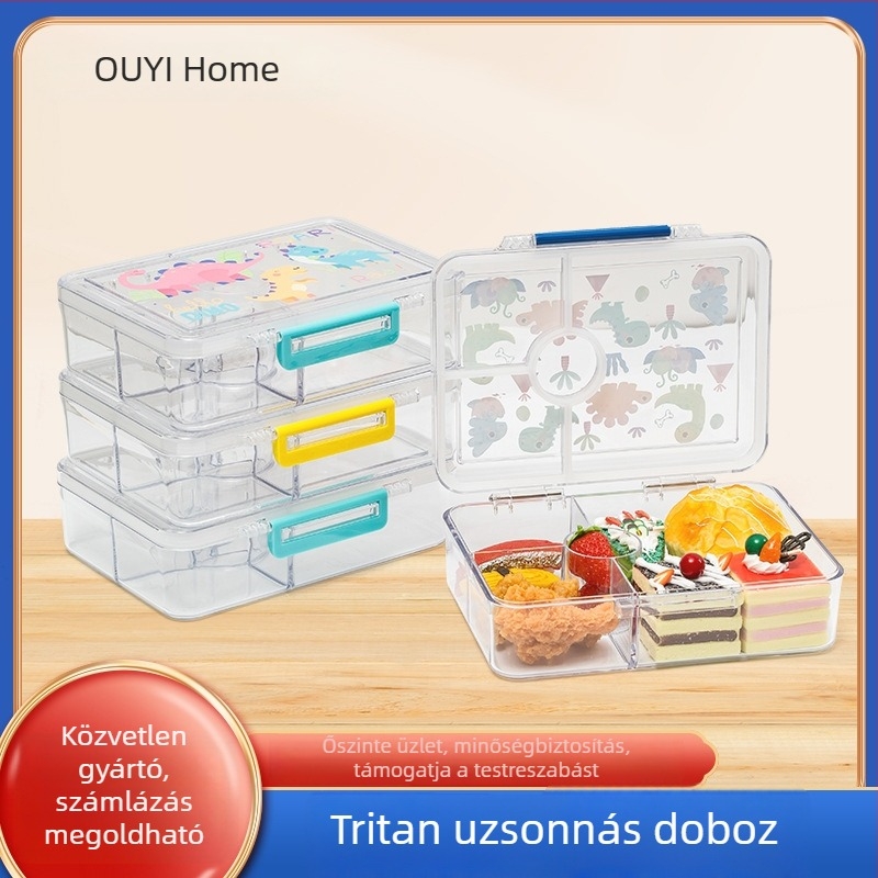 Tritan átlátszó ebédes doboz diákok számára, hordozható, mikrohullámú sütőben használható, négy rekesz