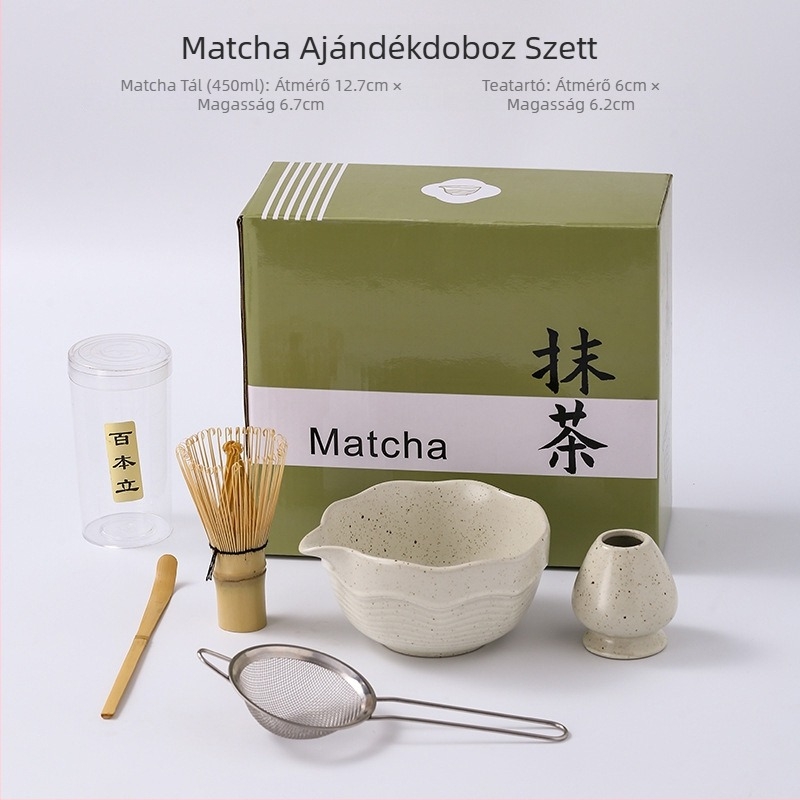 Japán-stílusú matcha habverő és ecset, bambusz habverővel, matcha tál és keverőállvány