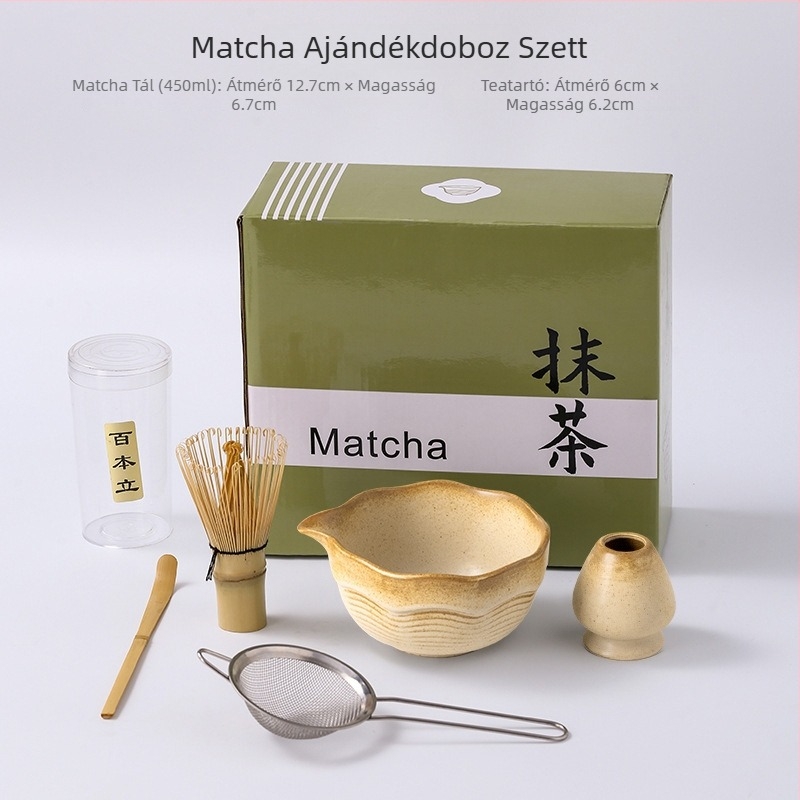 Japán-stílusú matcha habverő és ecset, bambusz habverővel, matcha tál és keverőállvány