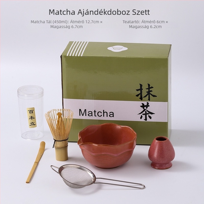 Japán-stílusú matcha habverő és ecset, bambusz habverővel, matcha tál és keverőállvány