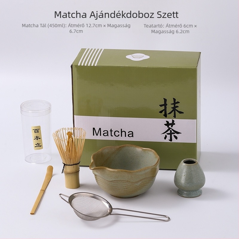 Japán-stílusú matcha habverő és ecset, bambusz habverővel, matcha tál és keverőállvány