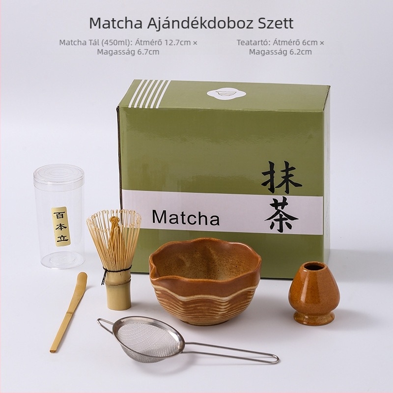 Japán-stílusú matcha habverő és ecset, bambusz habverővel, matcha tál és keverőállvány