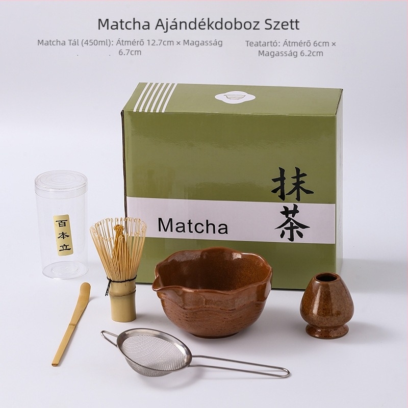 Japán-stílusú matcha habverő és ecset, bambusz habverővel, matcha tál és keverőállvány