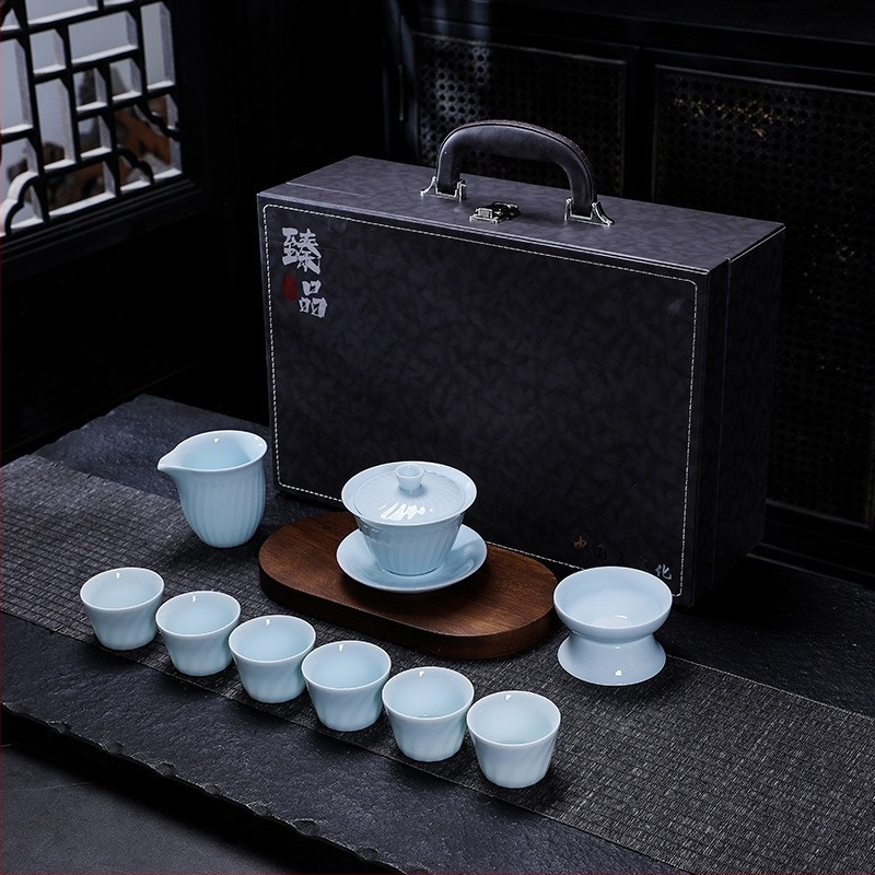 Shadow Celadon Kung Fu teáskészlet porcelán gaiwan fedéllel és fogantyúval, teáskanna és csésze, logónyomtatás, testreszabható, ajándék otthonra és az irodába