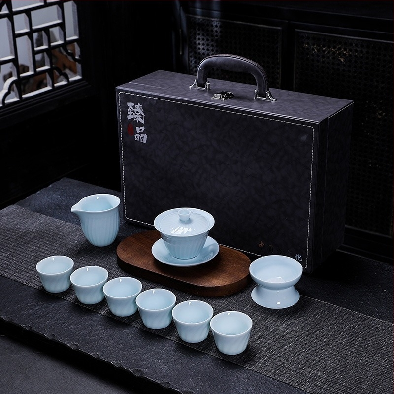 Shadow Celadon Kung Fu teáskészlet porcelán gaiwan fedéllel és fogantyúval, teáskanna és csésze, logónyomtatás, testreszabható, ajándék otthonra és az irodába