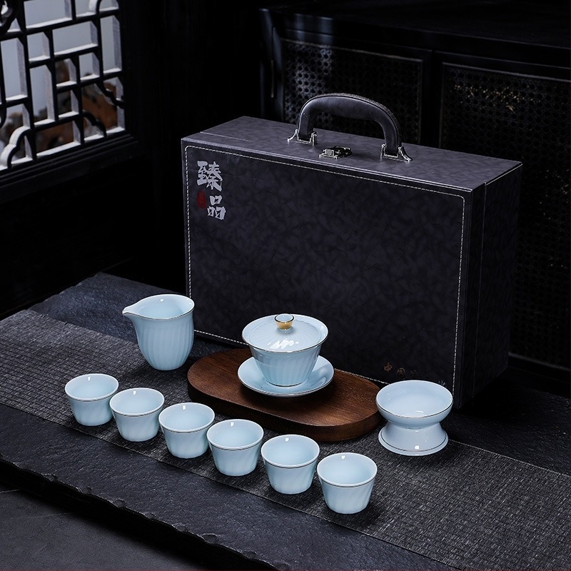 Shadow Celadon Kung Fu teáskészlet porcelán gaiwan fedéllel és fogantyúval, teáskanna és csésze, logónyomtatás, testreszabható, ajándék otthonra és az irodába