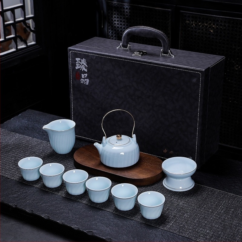 Shadow Celadon Kung Fu teáskészlet porcelán gaiwan fedéllel és fogantyúval, teáskanna és csésze, logónyomtatás, testreszabható, ajándék otthonra és az irodába