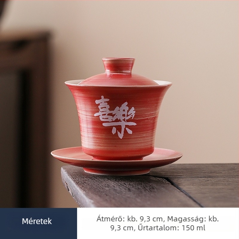Gaiwan teáscsésze fedővel – Gongfu teás készlet, egyetlen leöntésre alkalmas edény, retro piros kerámia esküvőkre