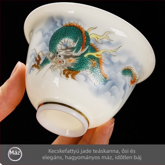 Fehér porcelán teásbögré fedővel és alátéttel, aranyos részletekkel és háromszínű mázzal, háromrészes teáskészlet