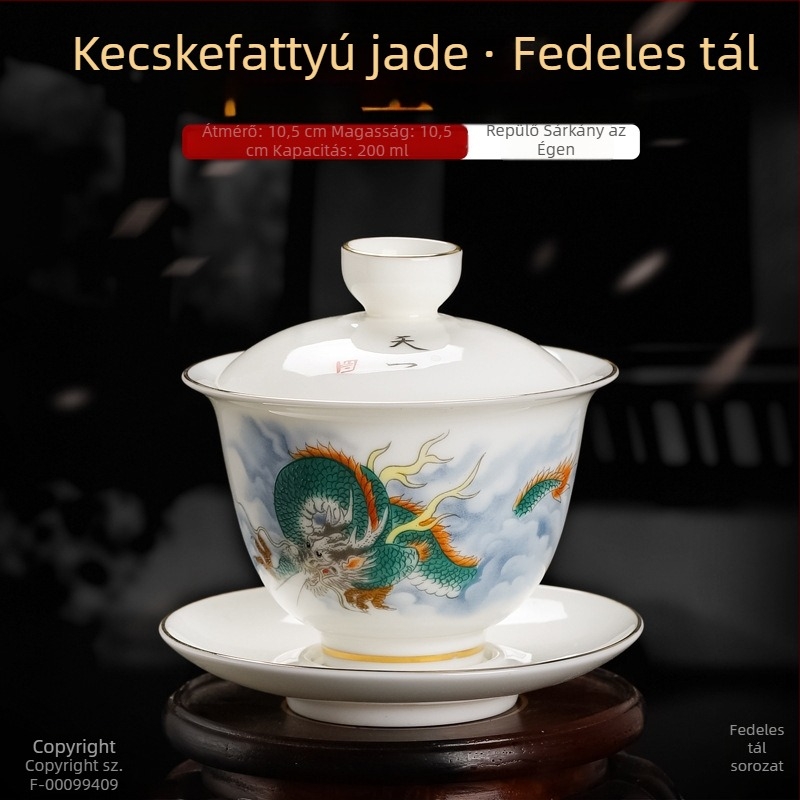 Fehér porcelán teásbögré fedővel és alátéttel, aranyos részletekkel és háromszínű mázzal, háromrészes teáskészlet