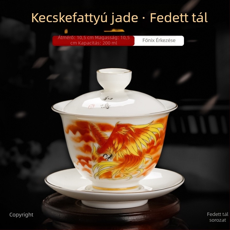 Fehér porcelán teásbögré fedővel és alátéttel, aranyos részletekkel és háromszínű mázzal, háromrészes teáskészlet