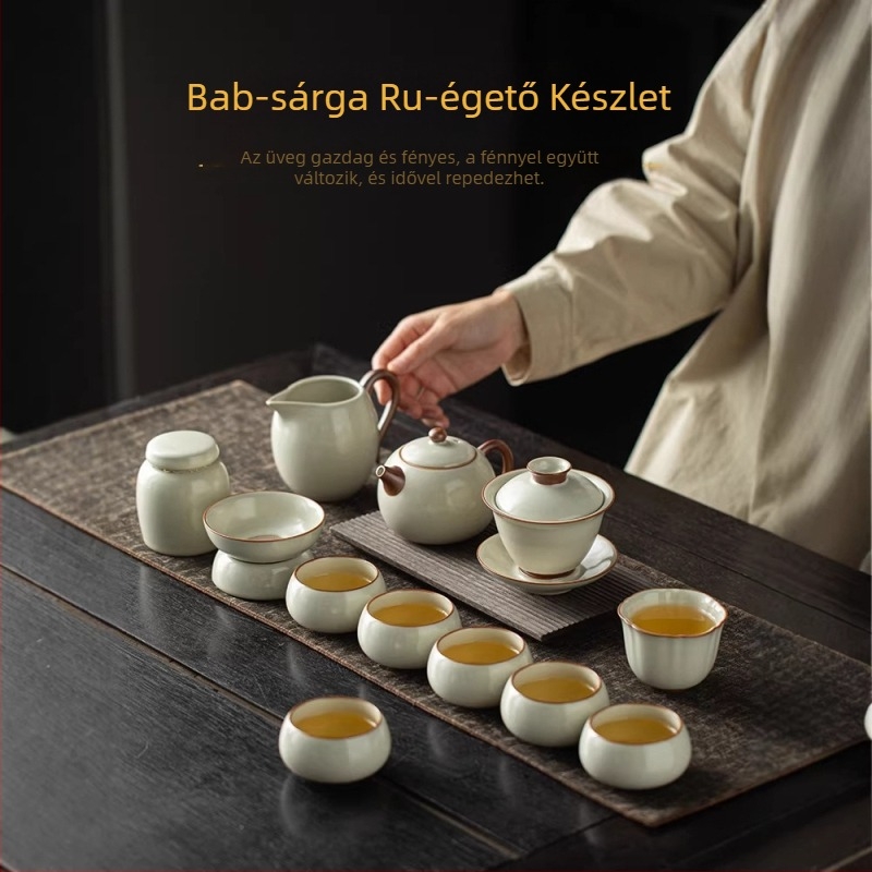 Beige Ruyao Kung Fu porcelán teáskészlet: teáskanna és teáscsészék, kis otthoni készlet, új prémium tea ajándékdoboz