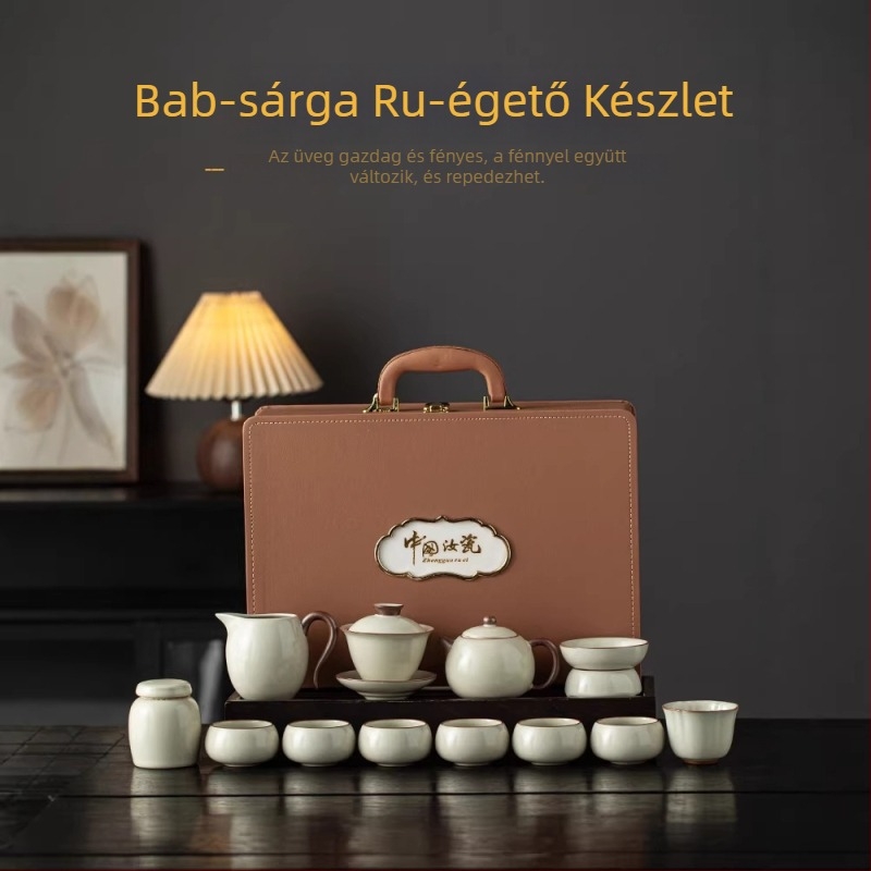 Beige Ruyao Kung Fu porcelán teáskészlet: teáskanna és teáscsészék, kis otthoni készlet, új prémium tea ajándékdoboz